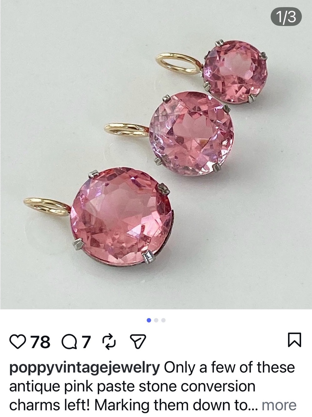 Art Deco era Pink paste stone charms set in silver with new 14k gold bail - Picture 9 of 12